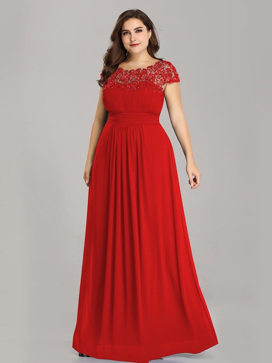 Elegant Lace Cap Sleeve Chiffon Evening Gown with Ruched Detail: Lacey Neckline Open Back Ruched Bust Plus Size Evening Dress