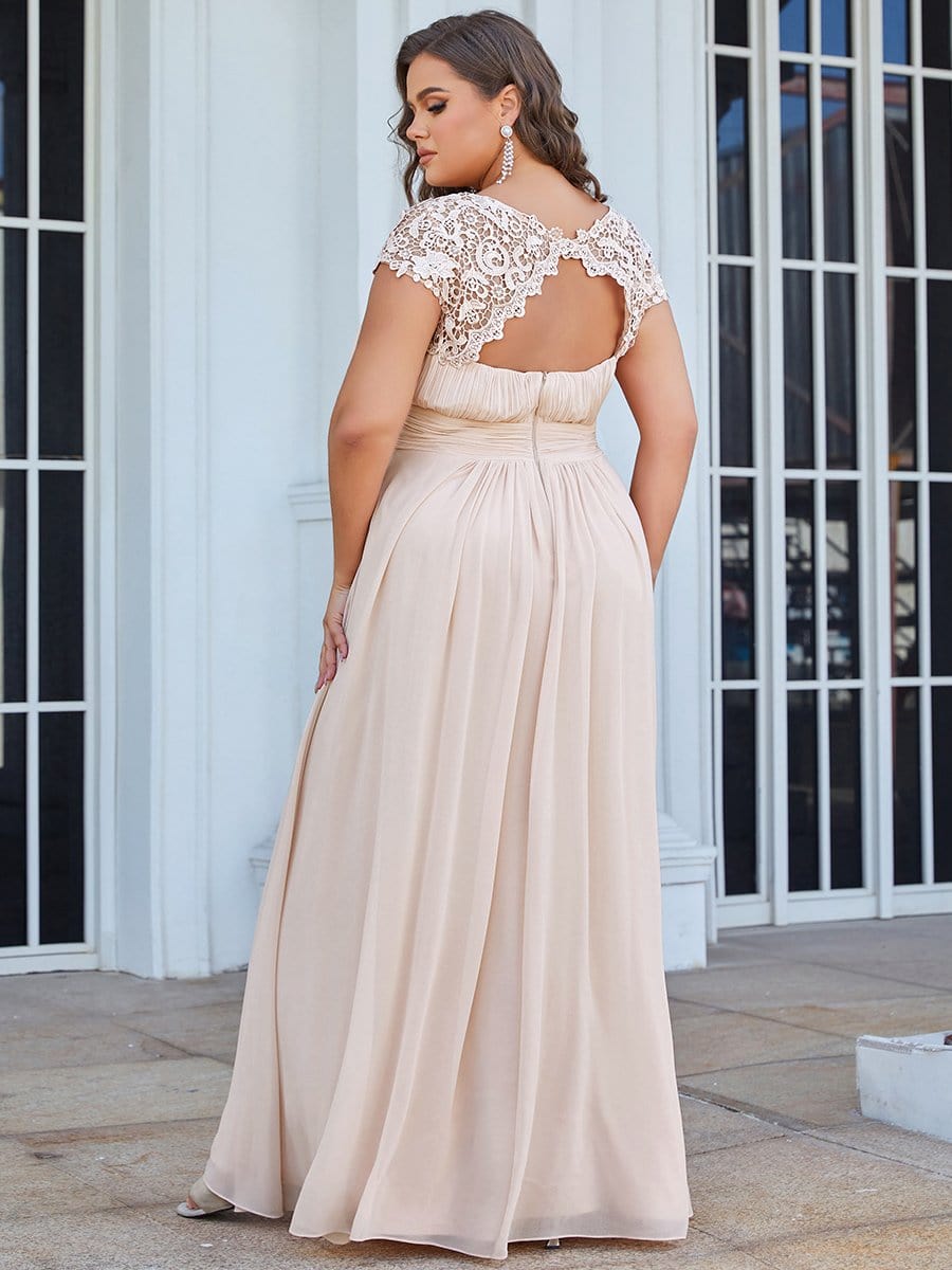 Elegant Lace Cap Sleeve Chiffon Evening Gown with Ruched Detail: Lacey Neckline Open Back Ruched Bust Plus Size Evening Dress