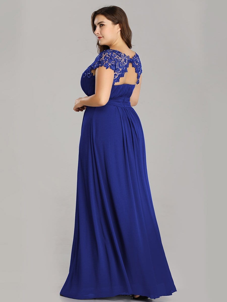 Elegant Lace Cap Sleeve Chiffon Evening Gown with Ruched Detail: Lacey Neckline Open Back Ruched Bust Plus Size Evening Dress