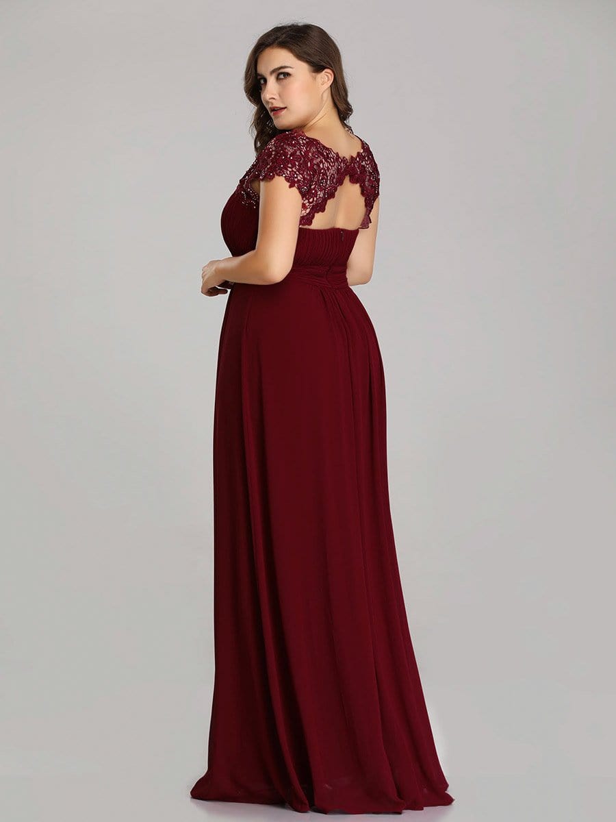 Elegant Lace Cap Sleeve Chiffon Evening Gown with Ruched Detail: Lacey Neckline Open Back Ruched Bust Plus Size Evening Dress