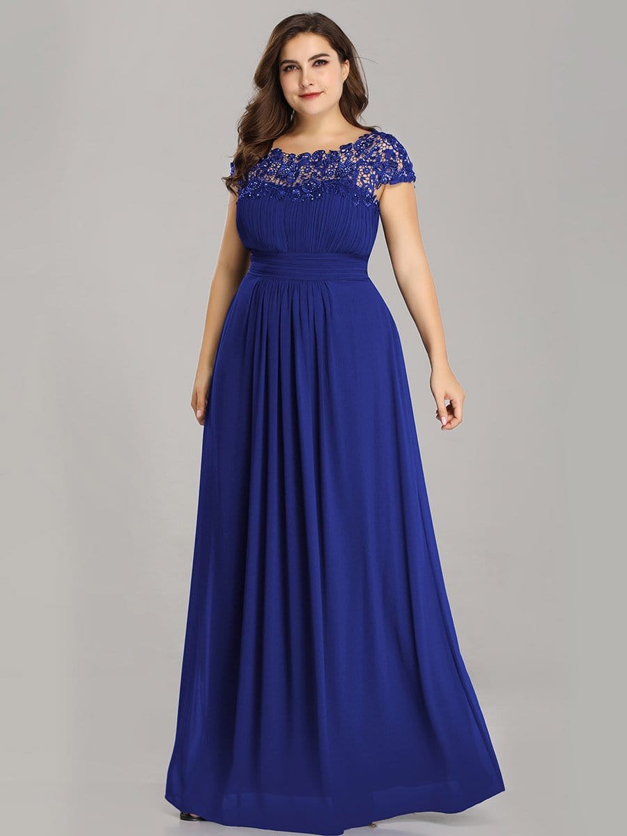 Elegant Lace Cap Sleeve Chiffon Evening Gown with Ruched Detail: Lacey Neckline Open Back Ruched Bust Plus Size Evening Dress
