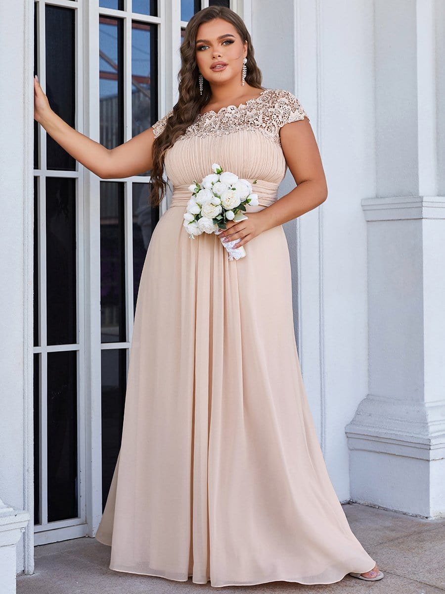 Elegant Lace Cap Sleeve Chiffon Evening Gown with Ruched Detail: Lacey Neckline Open Back Ruched Bust Plus Size Evening Dress