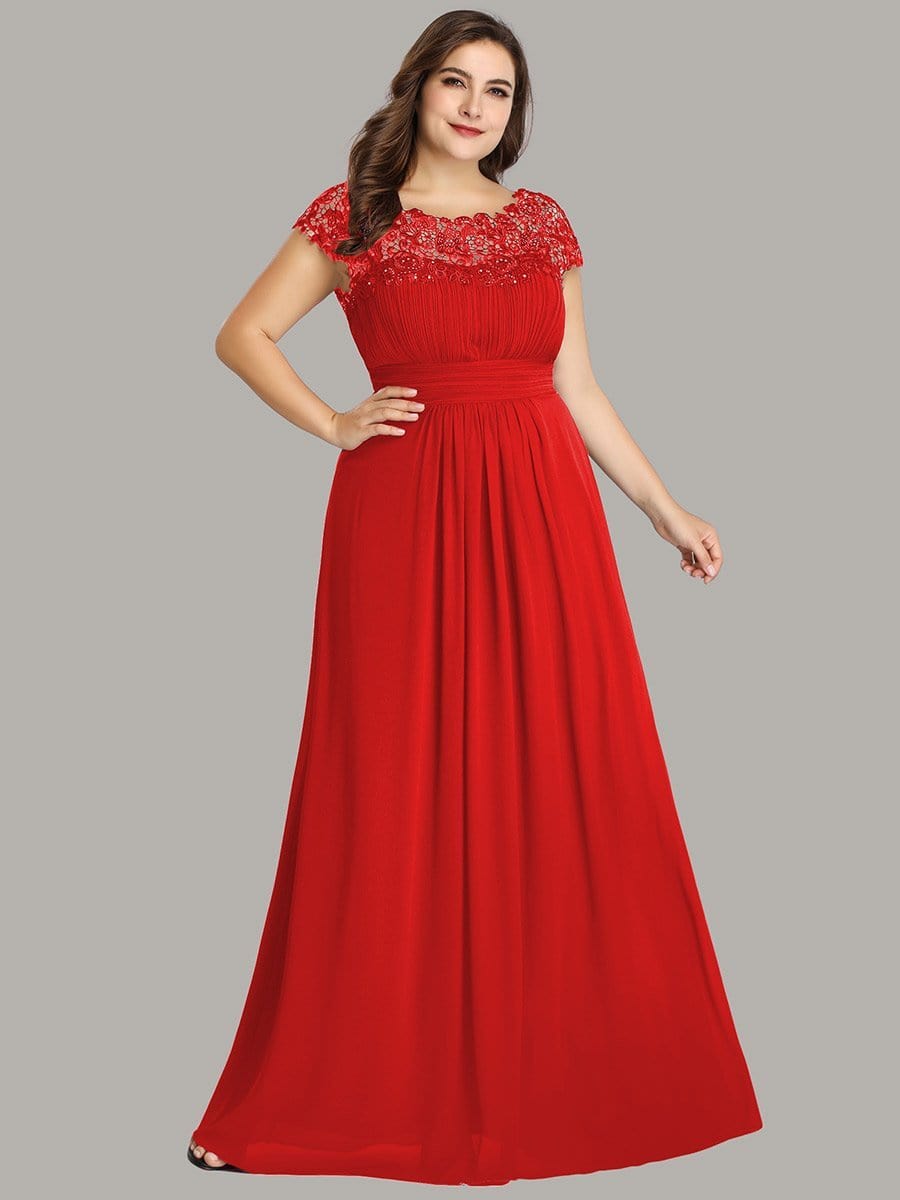 Elegant Lace Cap Sleeve Chiffon Evening Gown with Ruched Detail: Lacey Neckline Open Back Ruched Bust Plus Size Evening Dress