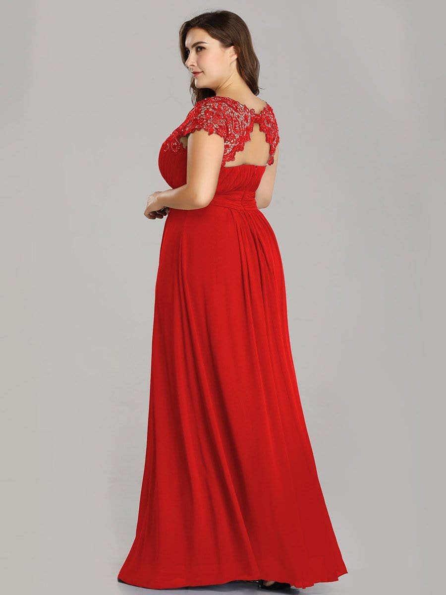 Elegant Lace Cap Sleeve Chiffon Evening Gown with Ruched Detail: Lacey Neckline Open Back Ruched Bust Plus Size Evening Dress