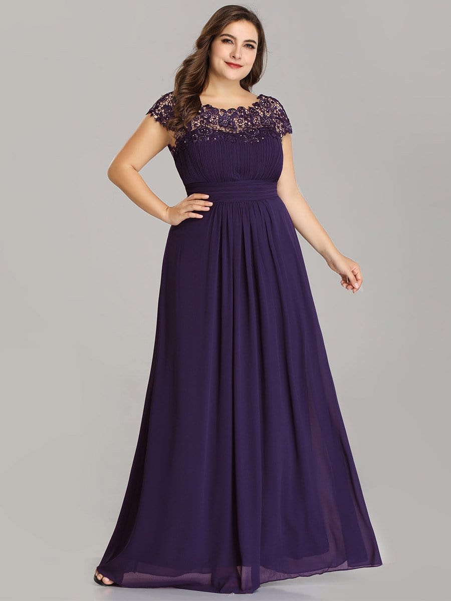 Elegant Lace Cap Sleeve Chiffon Evening Gown with Ruched Detail: Lacey Neckline Open Back Ruched Bust Plus Size Evening Dress