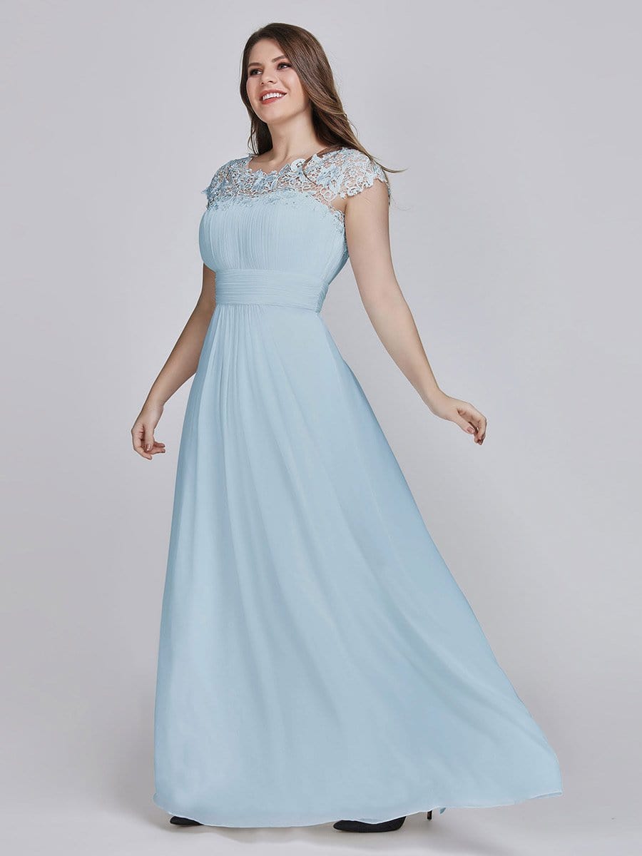Elegant Lace Cap Sleeve Chiffon Evening Gown with Ruched Detail: Lacey Neckline Open Back Ruched Bust Plus Size Evening Dress