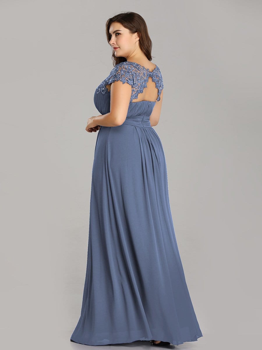 Elegant Lace Cap Sleeve Chiffon Evening Gown with Ruched Detail: Lacey Neckline Open Back Ruched Bust Plus Size Evening Dress