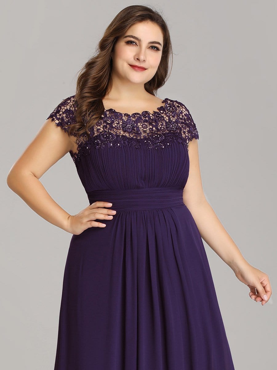 Elegant Lace Cap Sleeve Chiffon Evening Gown with Ruched Detail: Lacey Neckline Open Back Ruched Bust Plus Size Evening Dress
