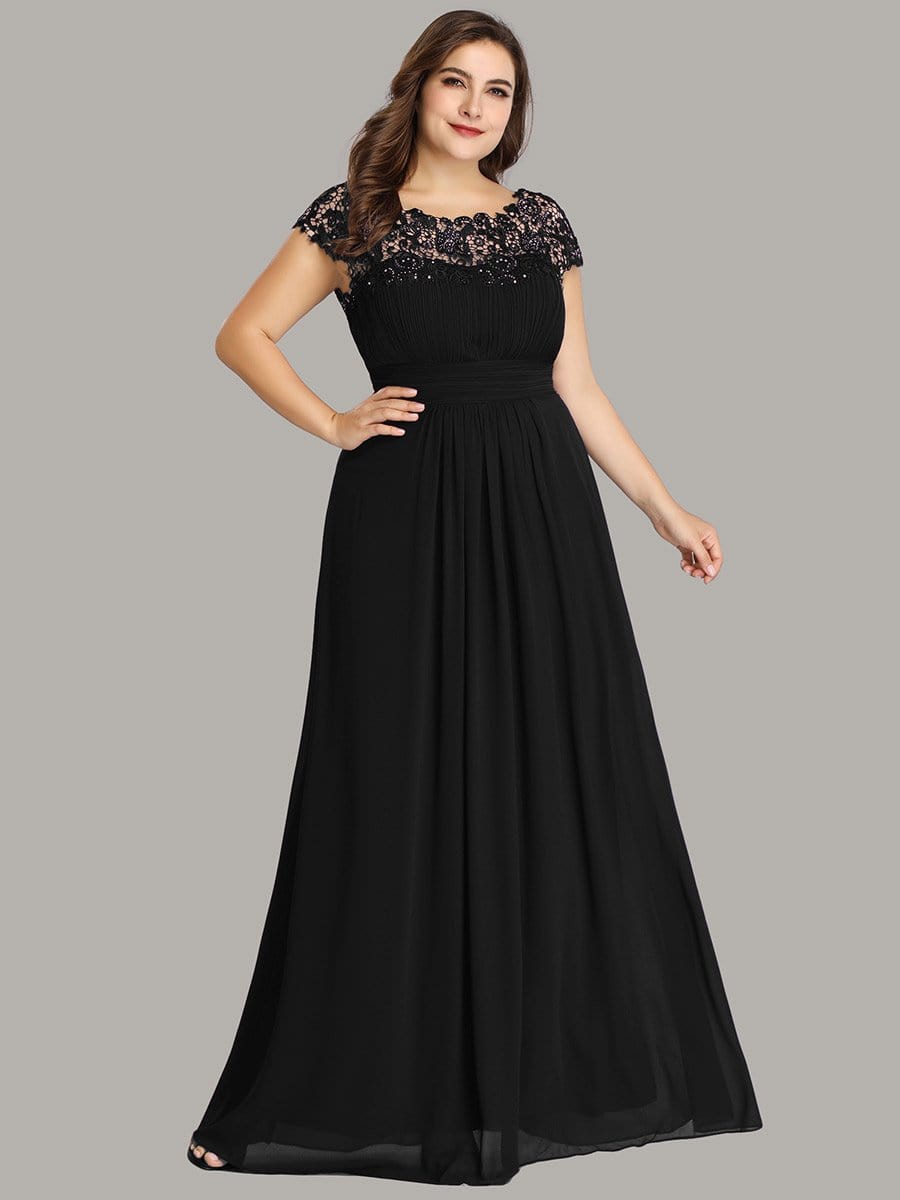 Elegant Lace Cap Sleeve Chiffon Evening Gown with Ruched Detail: Lacey Neckline Open Back Ruched Bust Plus Size Evening Dress