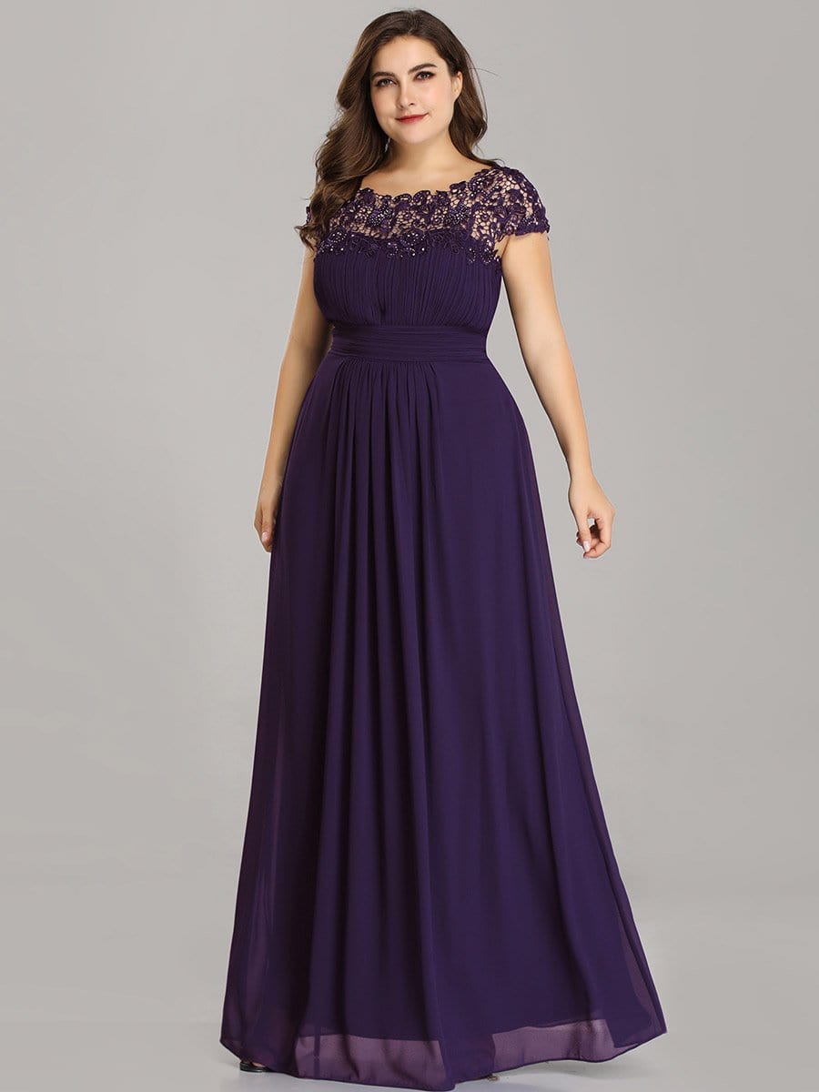 Elegant Lace Cap Sleeve Chiffon Evening Gown with Ruched Detail: Lacey Neckline Open Back Ruched Bust Plus Size Evening Dress