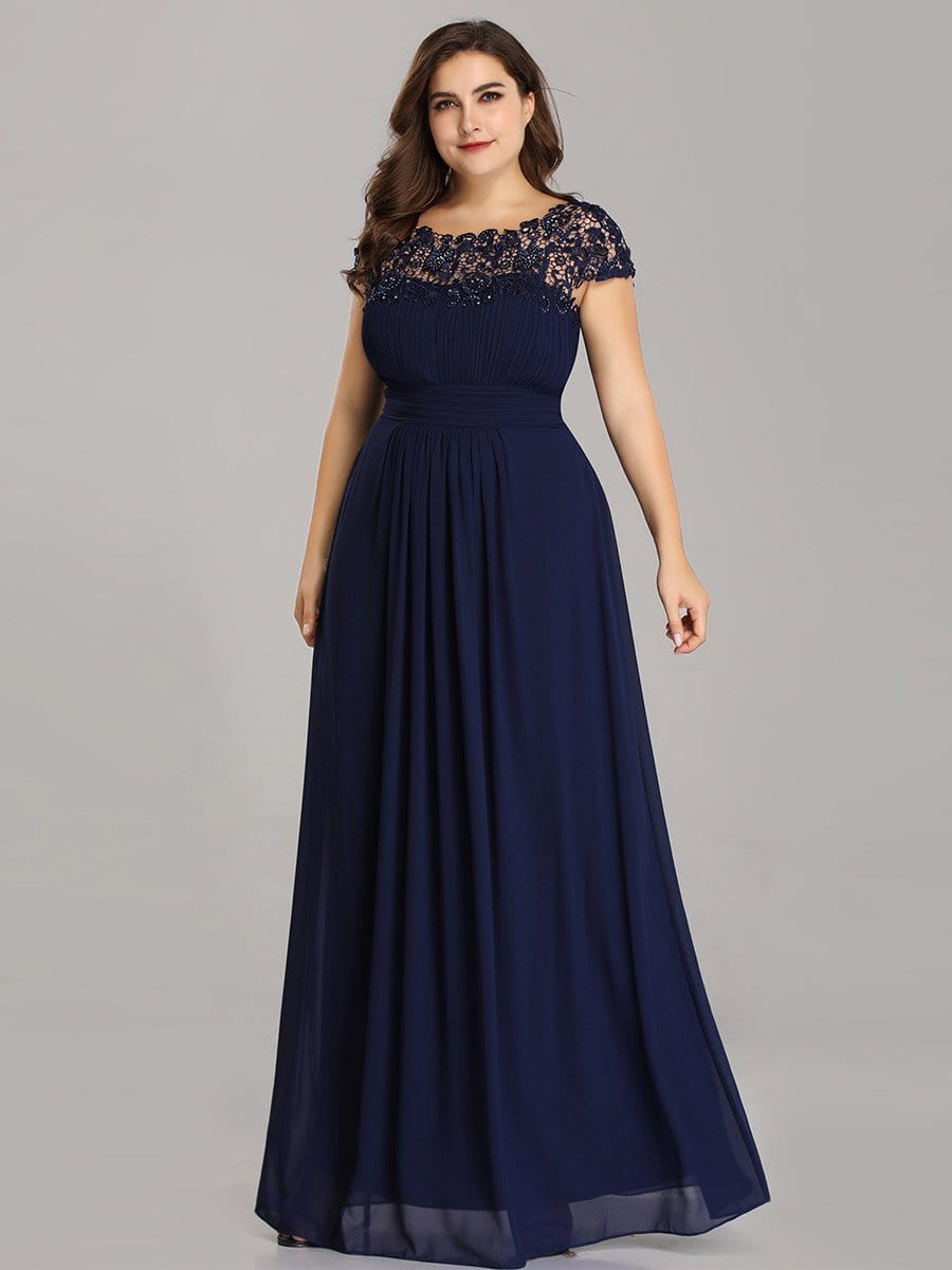 Elegant Lace Cap Sleeve Chiffon Evening Gown with Ruched Detail: Lacey Neckline Open Back Ruched Bust Plus Size Evening Dress