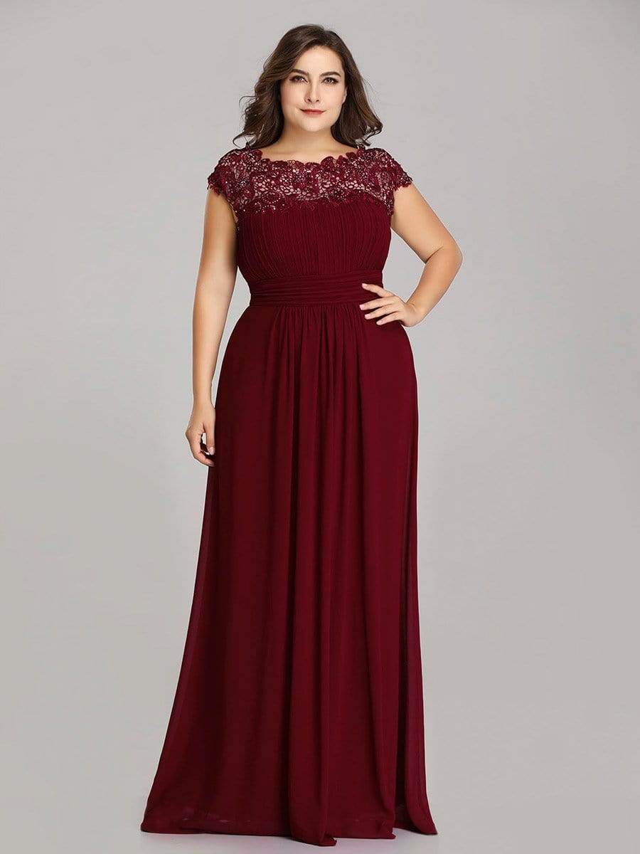 Elegant Lace Cap Sleeve Chiffon Evening Gown with Ruched Detail: Lacey Neckline Open Back Ruched Bust Plus Size Evening Dress