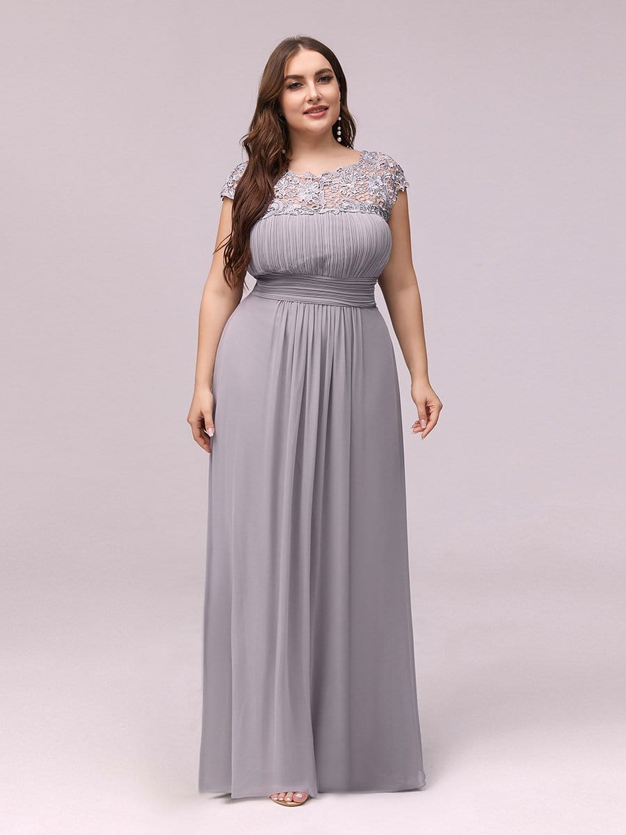 Elegant Lace Cap Sleeve Chiffon Evening Gown with Ruched Detail: Lacey Neckline Open Back Ruched Bust Plus Size Evening Dress