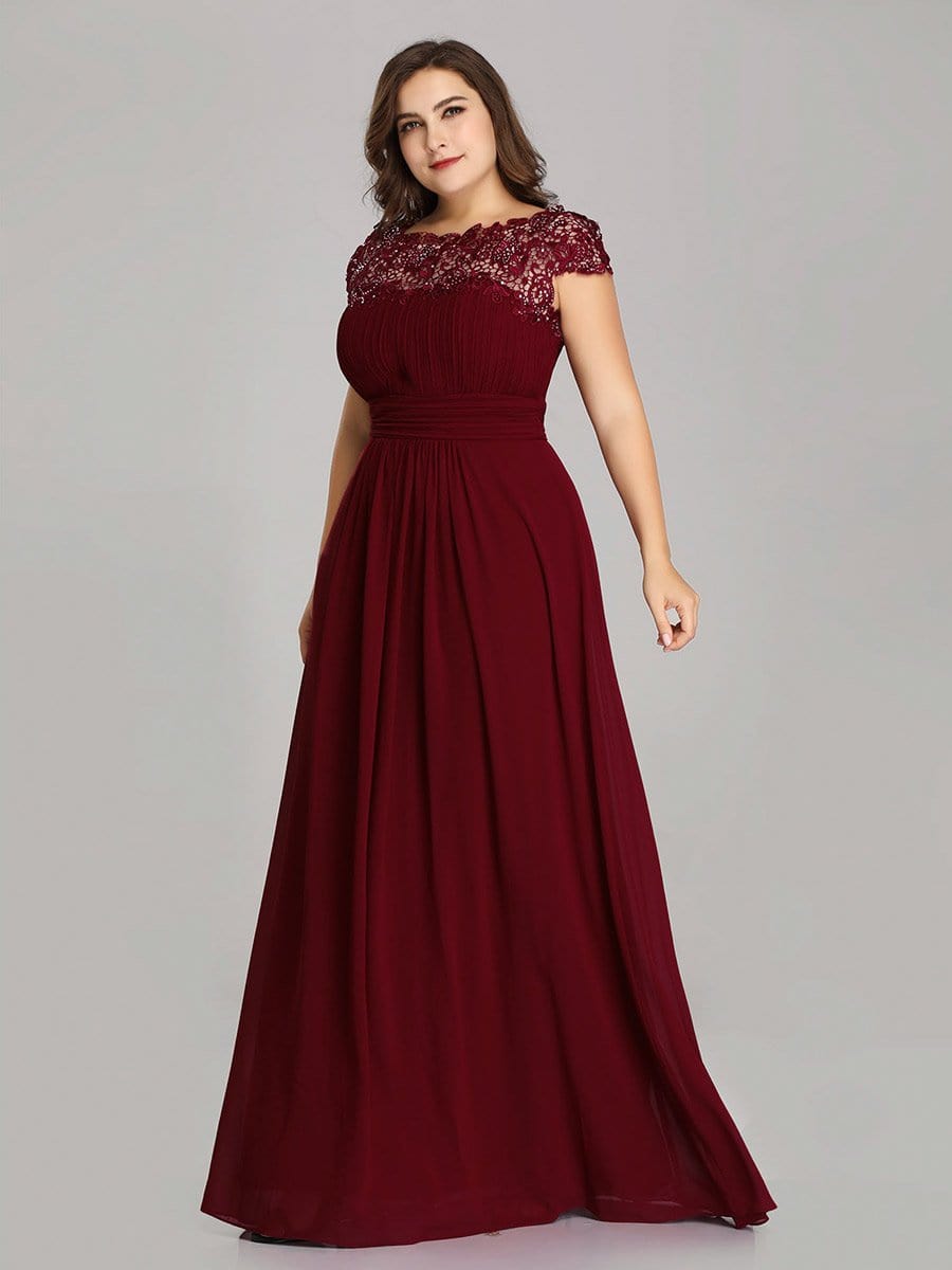 Elegant Lace Cap Sleeve Chiffon Evening Gown with Ruched Detail: Lacey Neckline Open Back Ruched Bust Plus Size Evening Dress