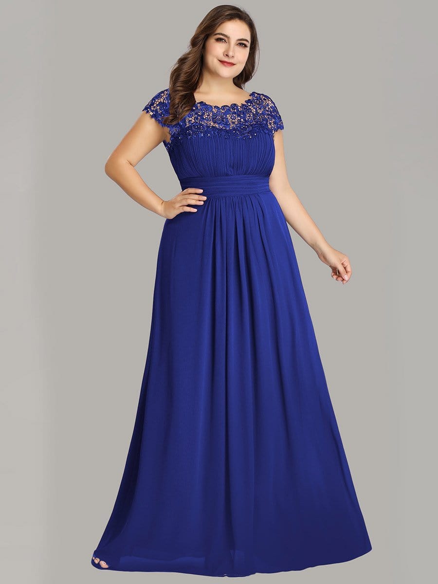 Elegant Lace Cap Sleeve Chiffon Evening Gown with Ruched Detail: Lacey Neckline Open Back Ruched Bust Plus Size Evening Dress