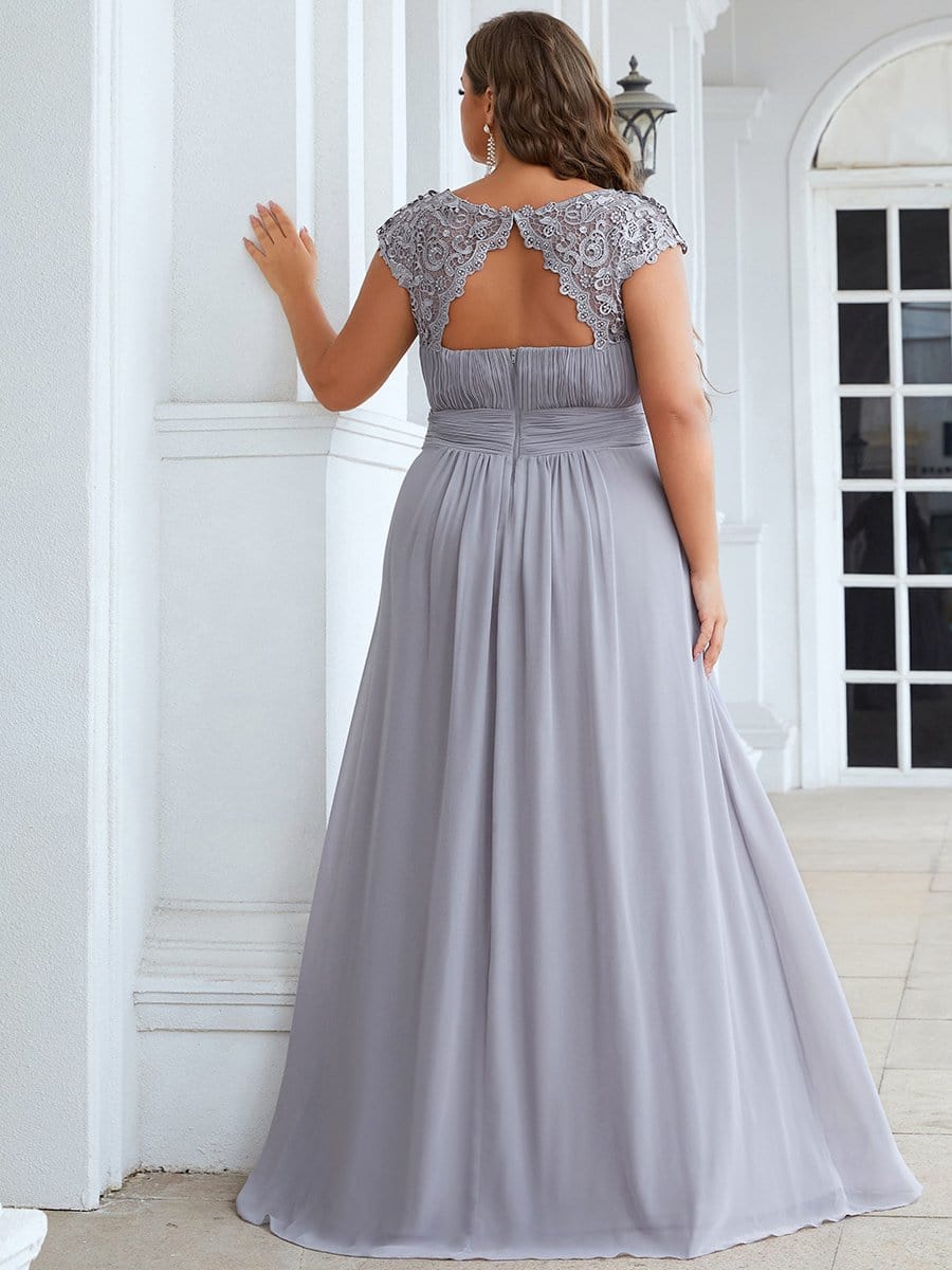 Elegant Lace Cap Sleeve Chiffon Evening Gown with Ruched Detail: Lacey Neckline Open Back Ruched Bust Plus Size Evening Dress