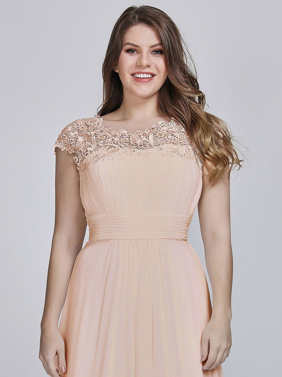 Elegant Lace Cap Sleeve Chiffon Evening Gown with Ruched Detail: Lacey Neckline Open Back Ruched Bust Plus Size Evening Dress