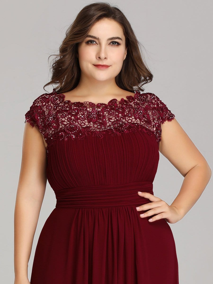 Elegant Lace Cap Sleeve Chiffon Evening Gown with Ruched Detail: Lacey Neckline Open Back Ruched Bust Plus Size Evening Dress