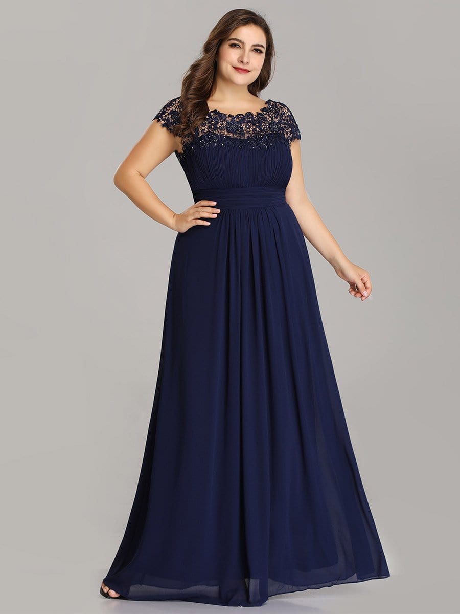 Elegant Lace Cap Sleeve Chiffon Evening Gown with Ruched Detail: Lacey Neckline Open Back Ruched Bust Plus Size Evening Dress