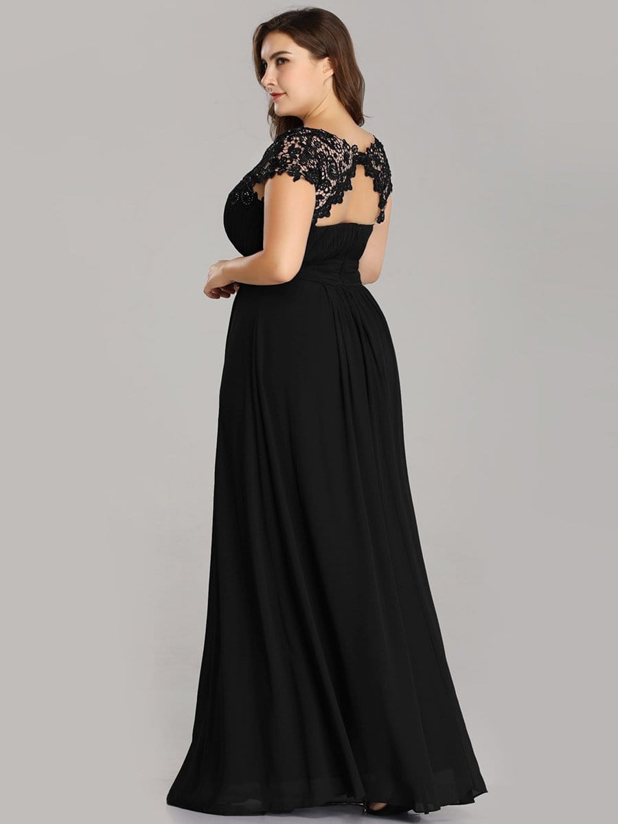 Elegant Lace Cap Sleeve Chiffon Evening Gown with Ruched Detail: Lacey Neckline Open Back Ruched Bust Plus Size Evening Dress