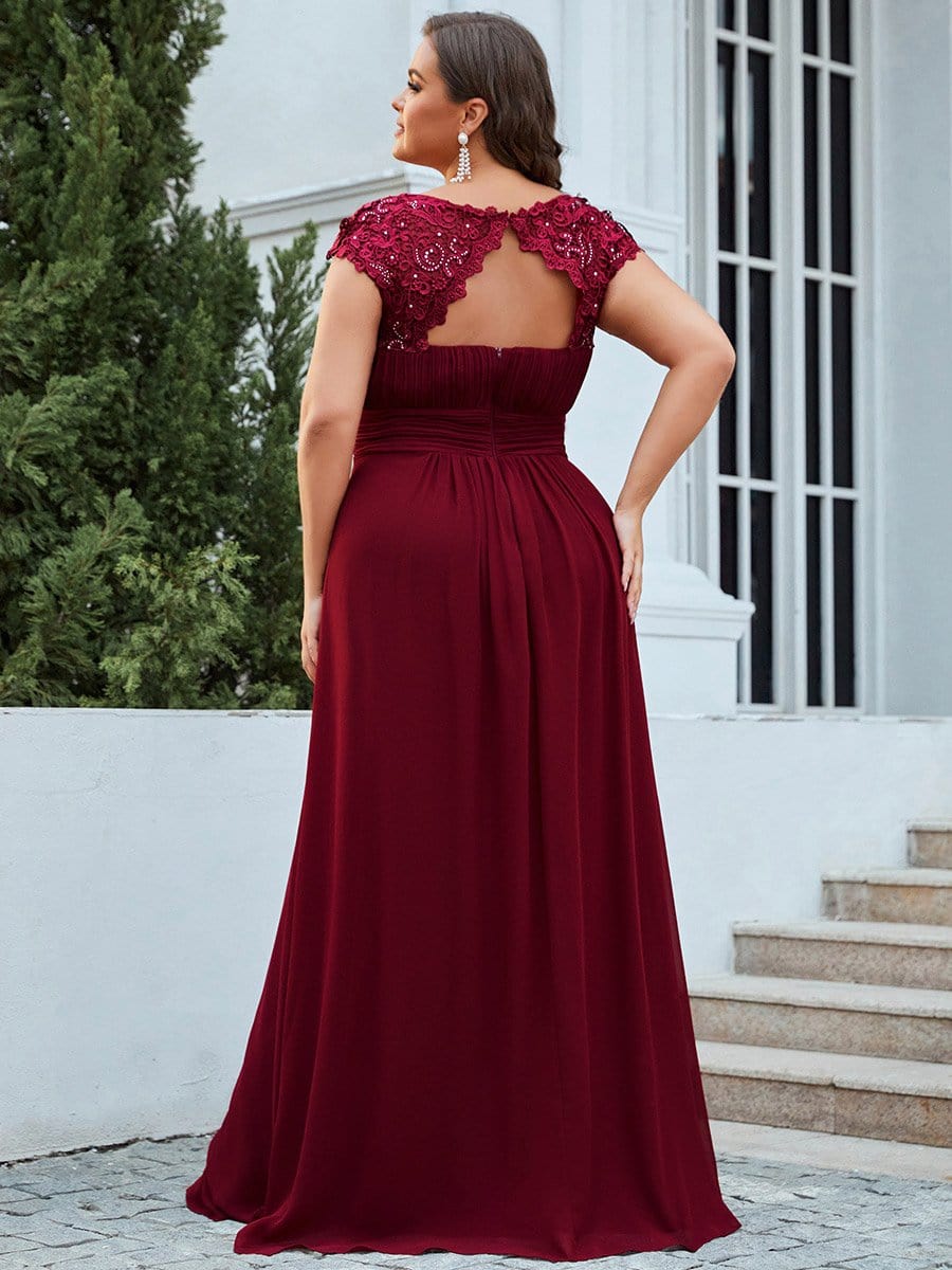 Elegant Lace Cap Sleeve Chiffon Evening Gown with Ruched Detail: Lacey Neckline Open Back Ruched Bust Plus Size Evening Dress