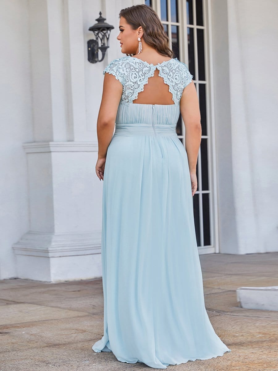 Elegant Lace Cap Sleeve Chiffon Evening Gown with Ruched Detail: Lacey Neckline Open Back Ruched Bust Plus Size Evening Dress