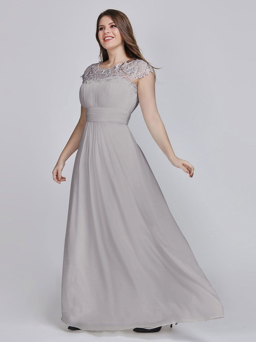Elegant Lace Cap Sleeve Chiffon Evening Gown with Ruched Detail: Lacey Neckline Open Back Ruched Bust Plus Size Evening Dress