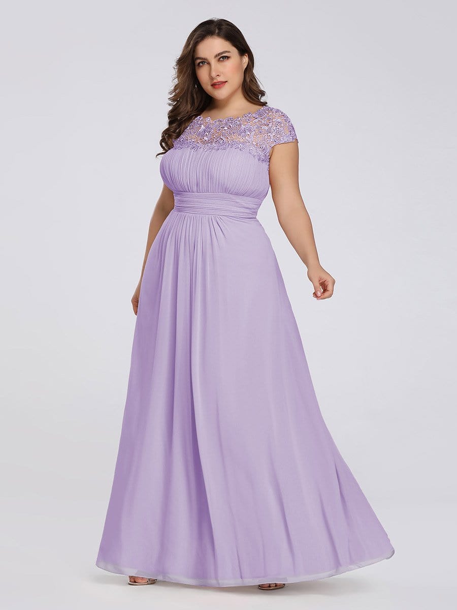 Elegant Lace Cap Sleeve Chiffon Evening Gown with Ruched Detail: Lacey Neckline Open Back Ruched Bust Plus Size Evening Dress