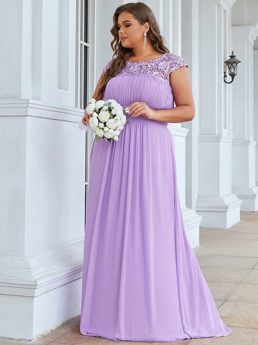 Elegant Lace Cap Sleeve Chiffon Evening Gown with Ruched Detail: Lacey Neckline Open Back Ruched Bust Plus Size Evening Dress