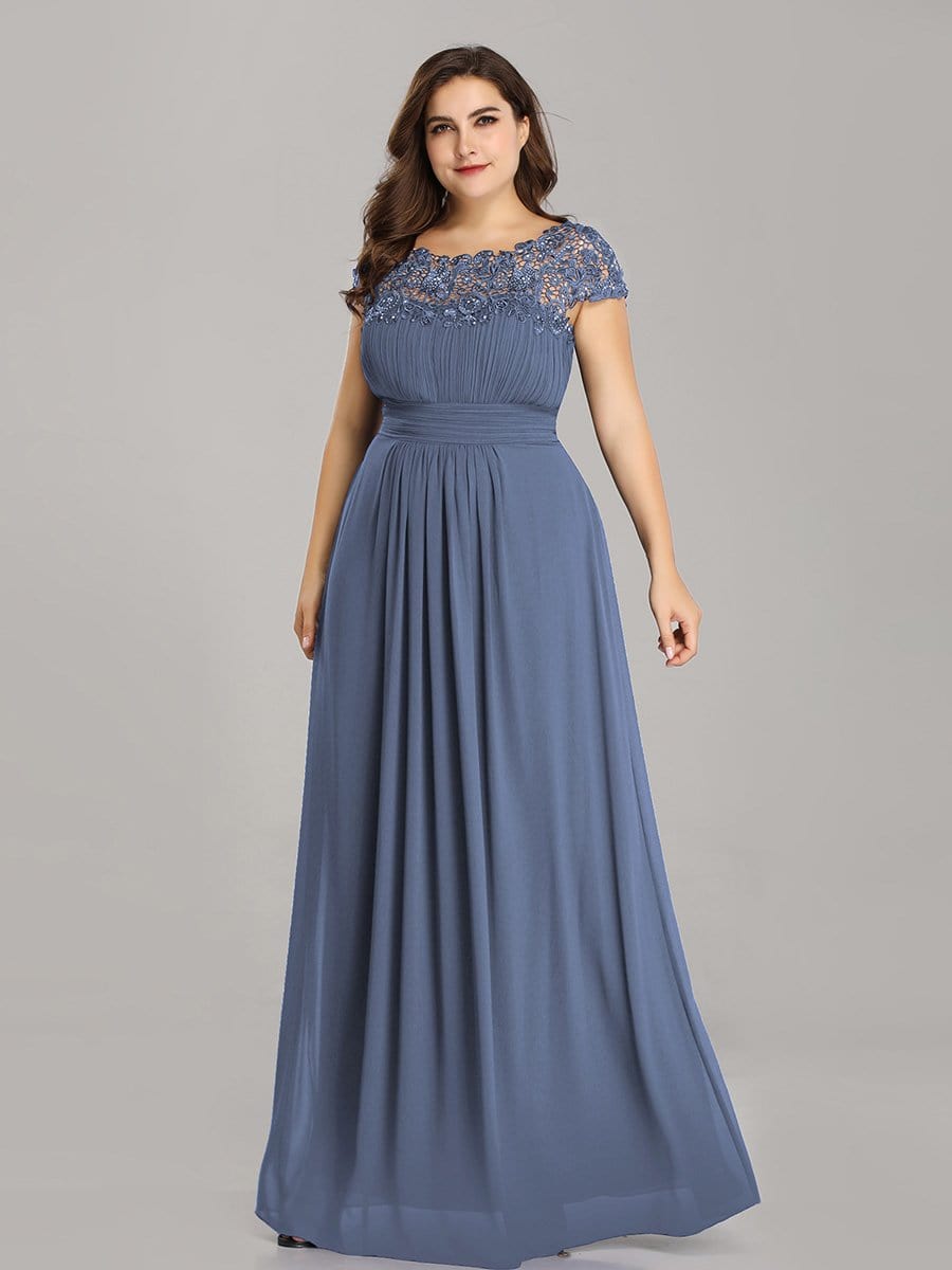 Elegant Lace Cap Sleeve Chiffon Evening Gown with Ruched Detail: Lacey Neckline Open Back Ruched Bust Plus Size Evening Dress