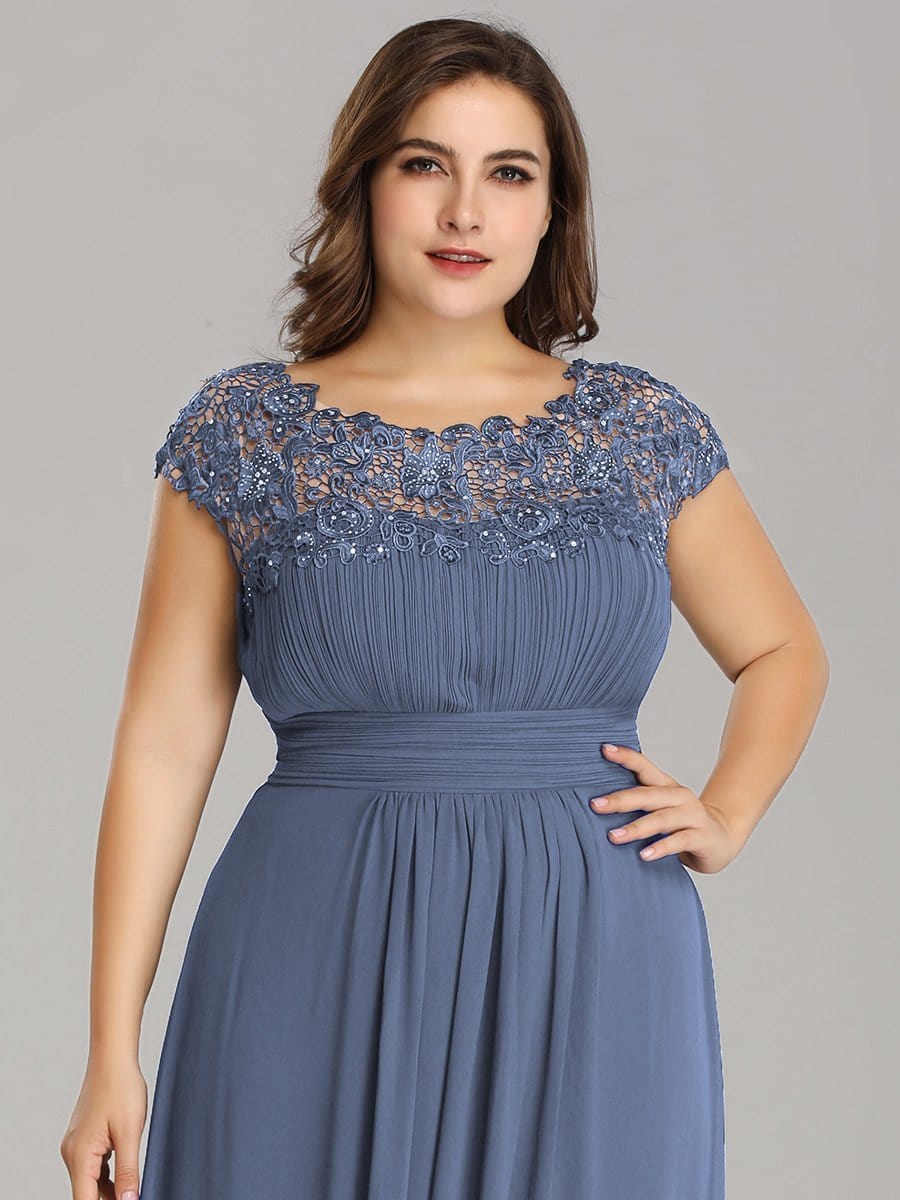 Elegant Lace Cap Sleeve Chiffon Evening Gown with Ruched Detail: Lacey Neckline Open Back Ruched Bust Plus Size Evening Dress