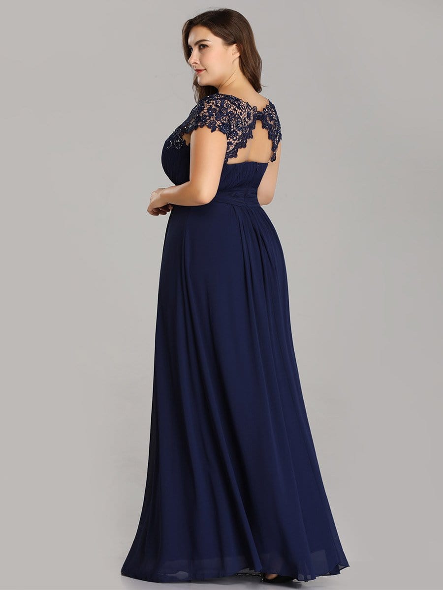 Elegant Lace Cap Sleeve Chiffon Evening Gown with Ruched Detail: Lacey Neckline Open Back Ruched Bust Plus Size Evening Dress