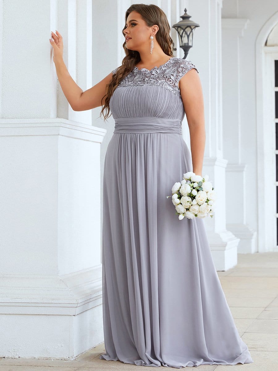 Elegant Lace Cap Sleeve Chiffon Evening Gown with Ruched Detail: Lacey Neckline Open Back Ruched Bust Plus Size Evening Dress