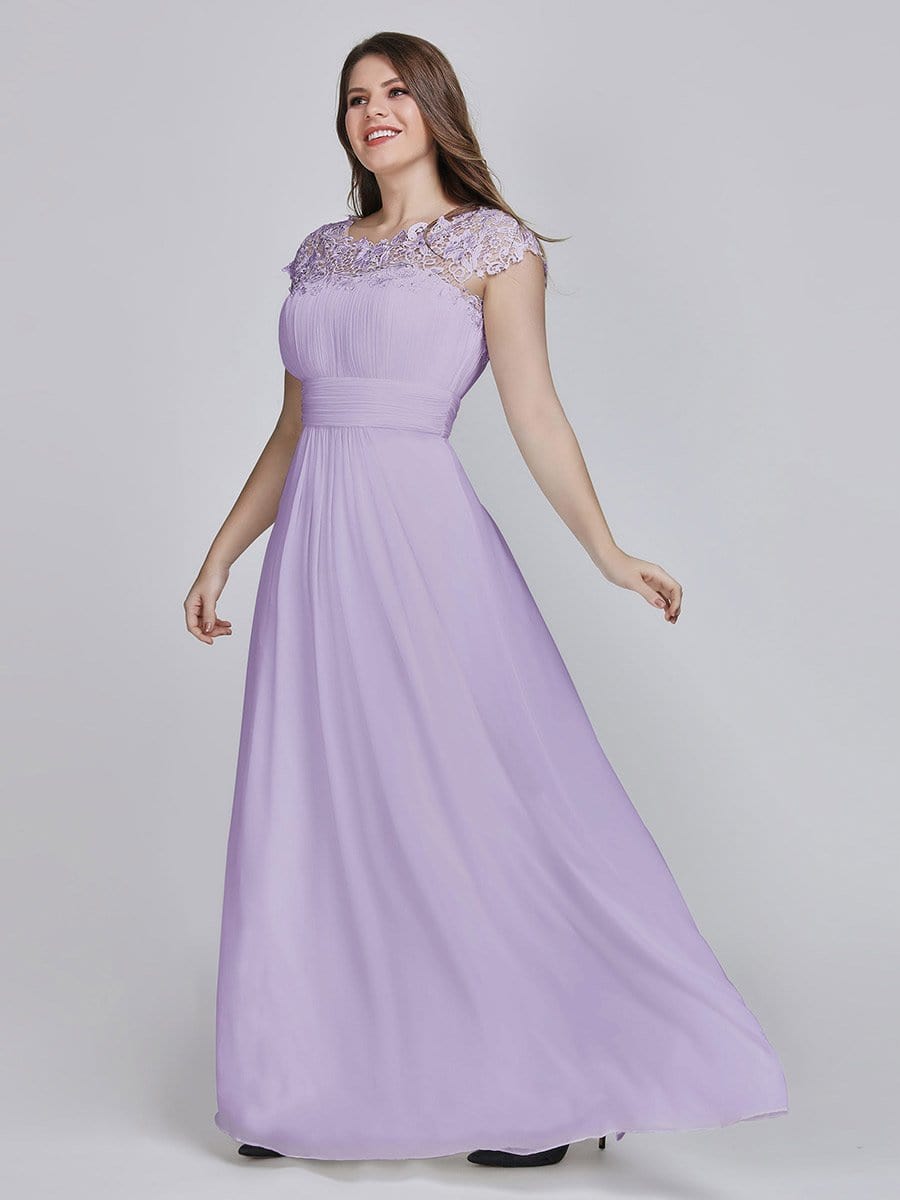 Elegant Lace Cap Sleeve Chiffon Evening Gown with Ruched Detail: Lacey Neckline Open Back Ruched Bust Plus Size Evening Dress