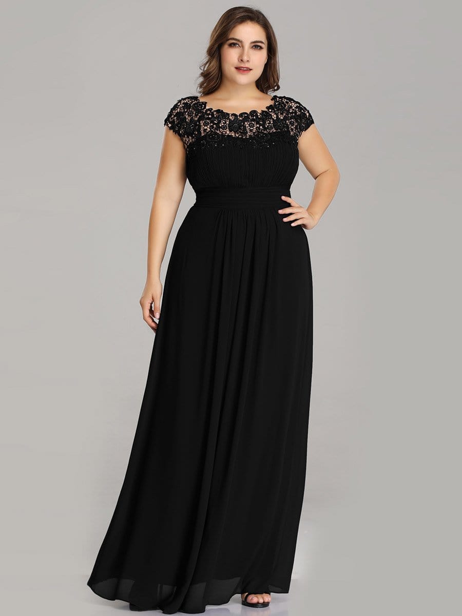 Elegant Lace Cap Sleeve Chiffon Evening Gown with Ruched Detail: Lacey Neckline Open Back Ruched Bust Plus Size Evening Dress