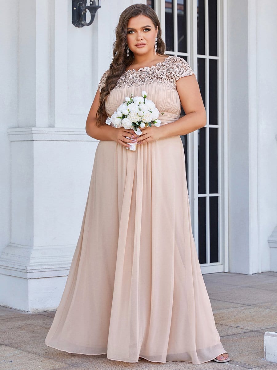 Elegant Lace Cap Sleeve Chiffon Evening Gown with Ruched Detail: Lacey Neckline Open Back Ruched Bust Plus Size Evening Dress