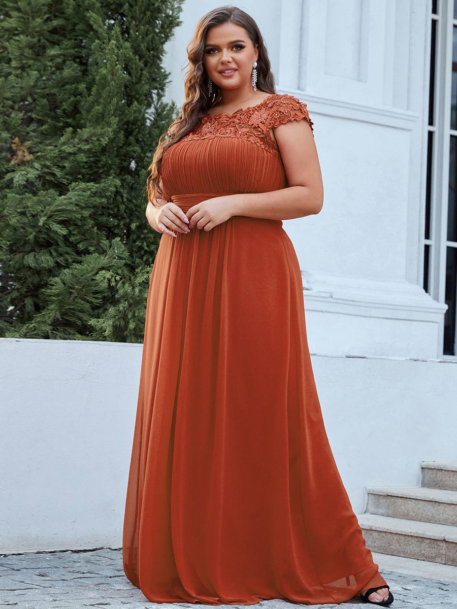 Elegant Lace Cap Sleeve Chiffon Evening Gown with Ruched Detail: Lacey Neckline Open Back Ruched Bust Plus Size Evening Dress