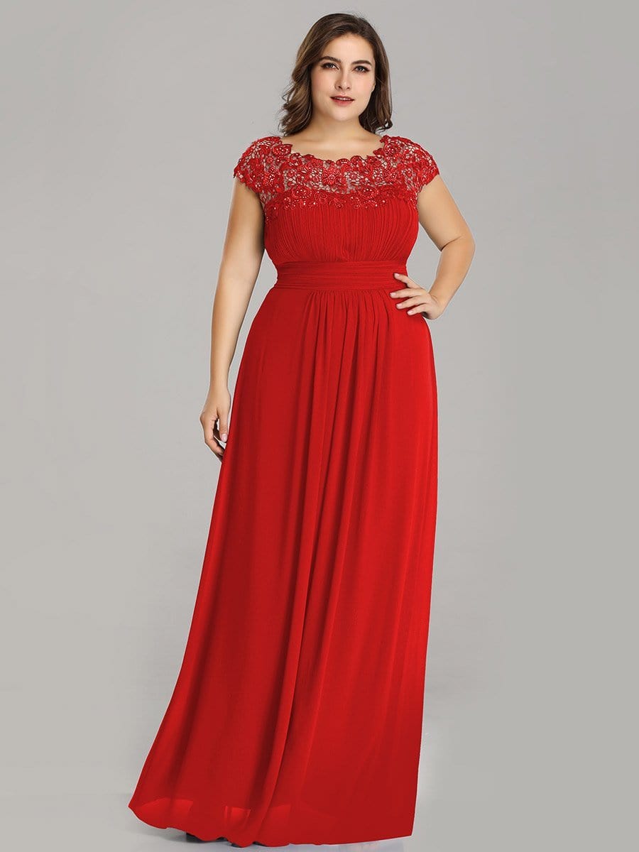 Elegant Lace Cap Sleeve Chiffon Evening Gown with Ruched Detail: Lacey Neckline Open Back Ruched Bust Plus Size Evening Dress
