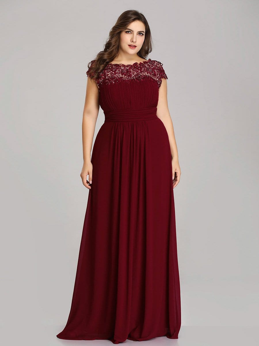 Elegant Lace Cap Sleeve Chiffon Evening Gown with Ruched Detail: Lacey Neckline Open Back Ruched Bust Plus Size Evening Dress