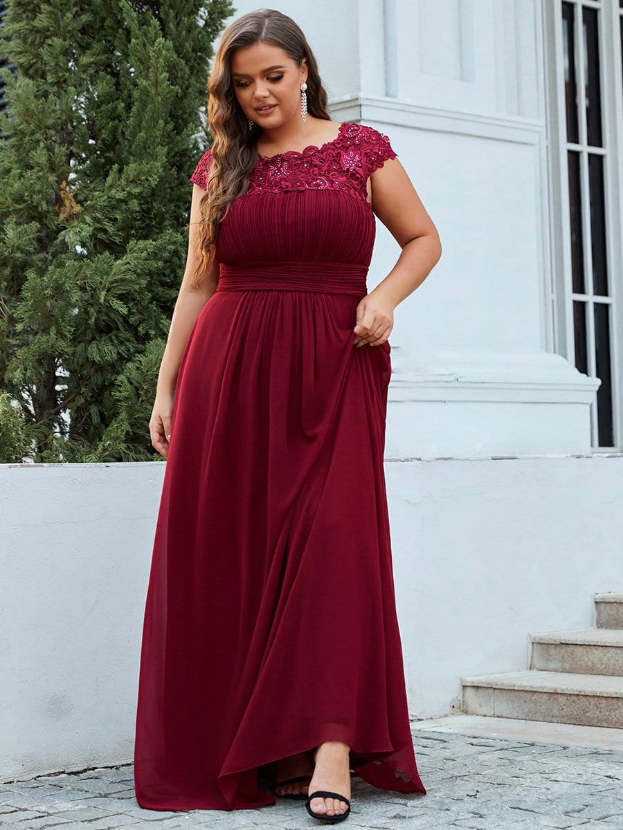Elegant Lace Cap Sleeve Chiffon Evening Gown with Ruched Detail: Lacey Neckline Open Back Ruched Bust Plus Size Evening Dress