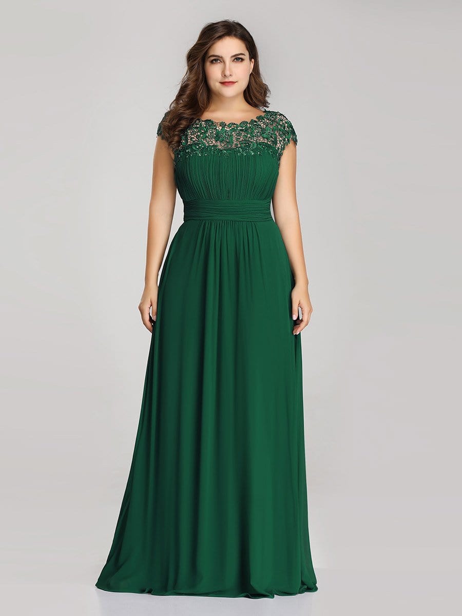 Elegant Lace Cap Sleeve Chiffon Evening Gown with Ruched Detail: Lacey Neckline Open Back Ruched Bust Plus Size Evening Dress