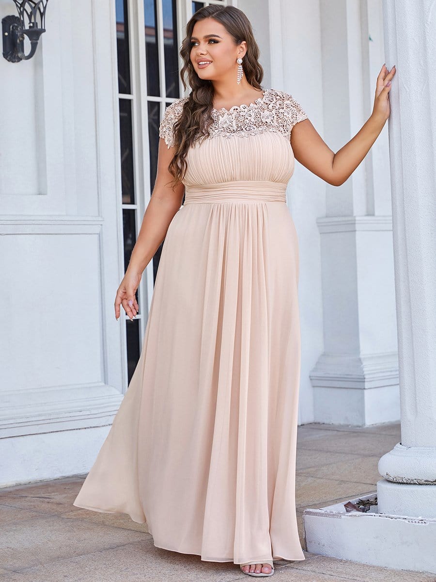 Elegant Lace Cap Sleeve Chiffon Evening Gown with Ruched Detail: Lacey Neckline Open Back Ruched Bust Plus Size Evening Dress