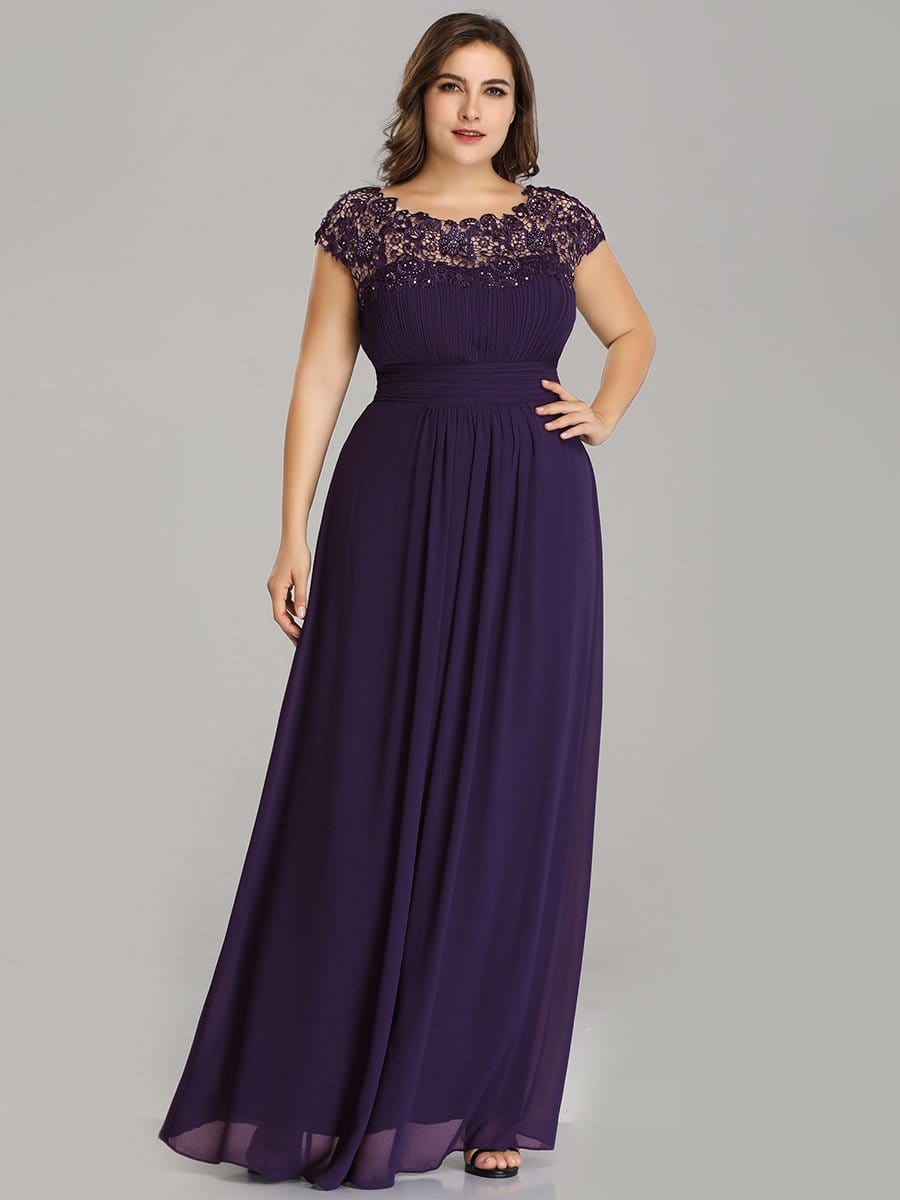 Elegant Lace Cap Sleeve Chiffon Evening Gown with Ruched Detail: Lacey Neckline Open Back Ruched Bust Plus Size Evening Dress