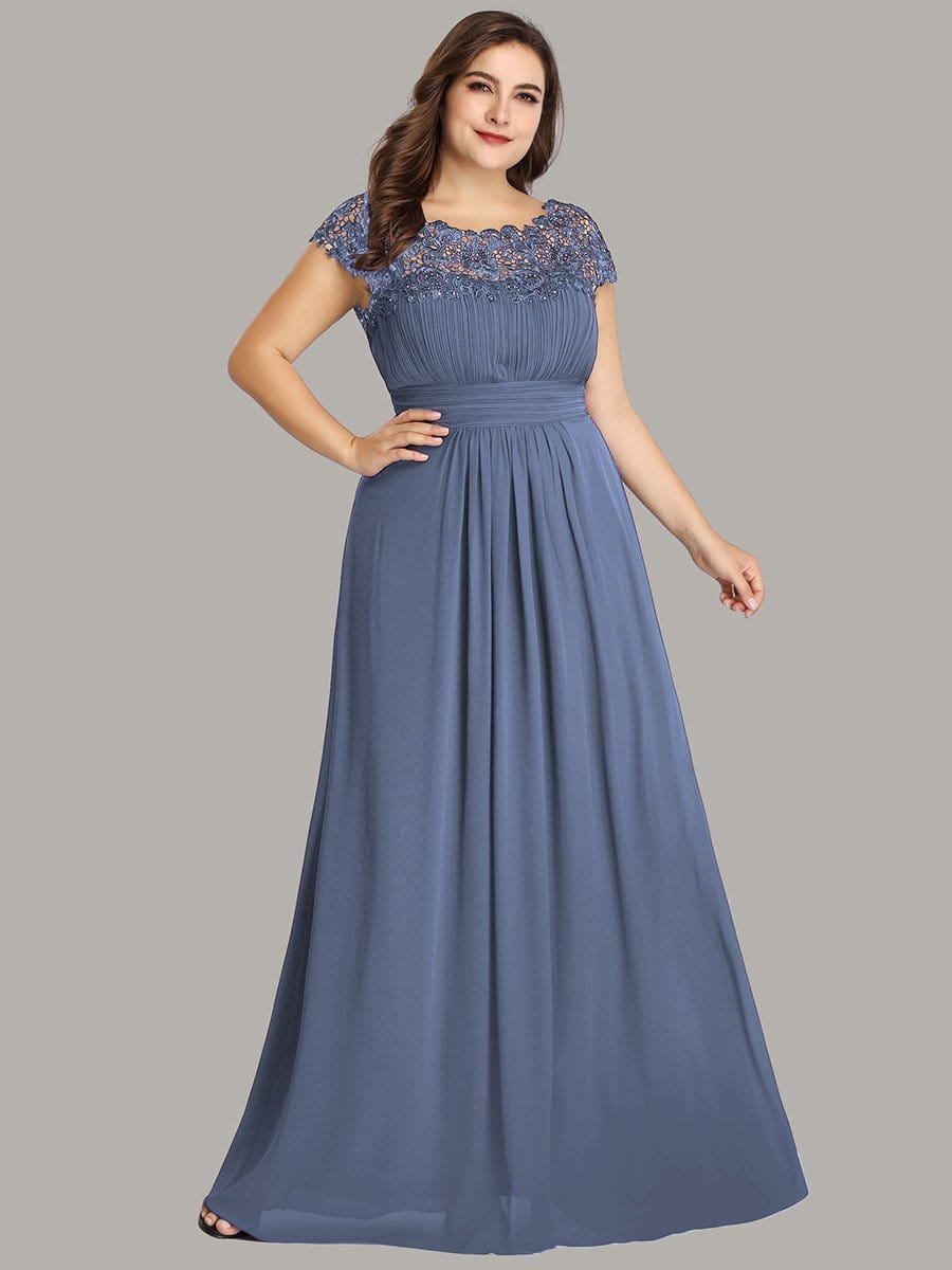 Elegant Lace Cap Sleeve Chiffon Evening Gown with Ruched Detail: Lacey Neckline Open Back Ruched Bust Plus Size Evening Dress
