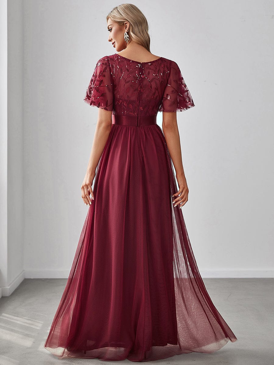 Glittering Sequin Evening Gown with Cap Sleeves and Waist Detail