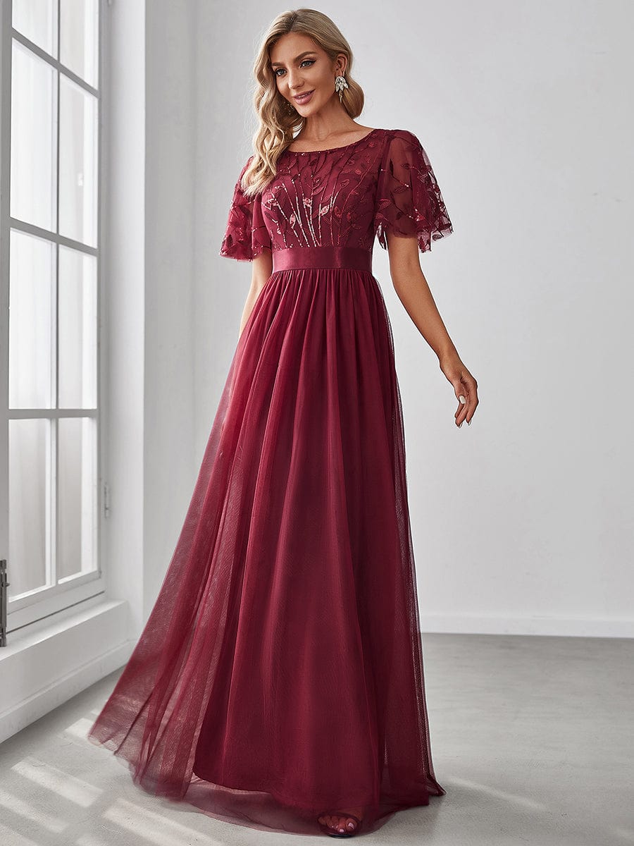Glittering Sequin Evening Gown with Cap Sleeves and Waist Detail