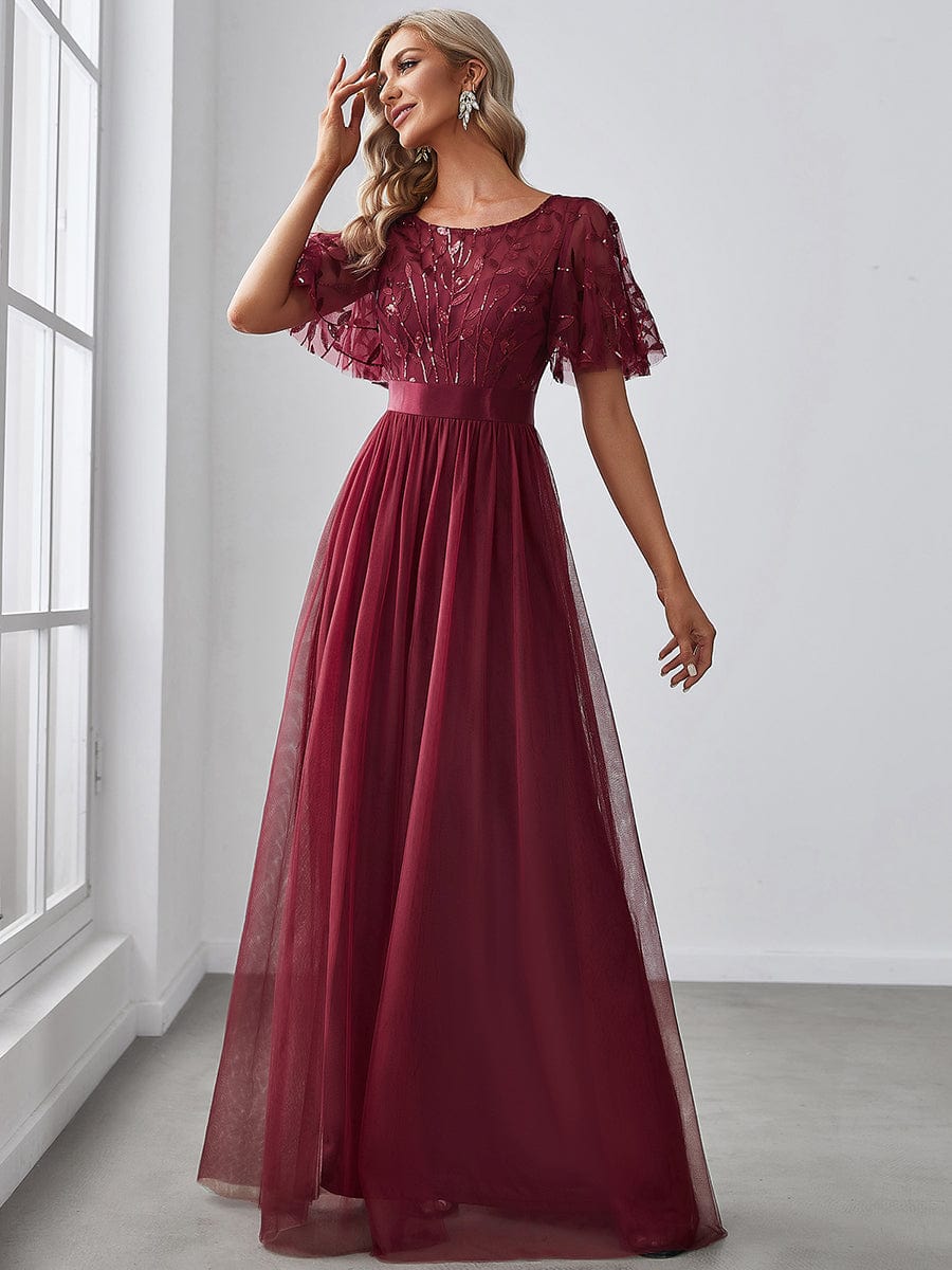 Glittering Sequin Evening Gown with Cap Sleeves and Waist Detail