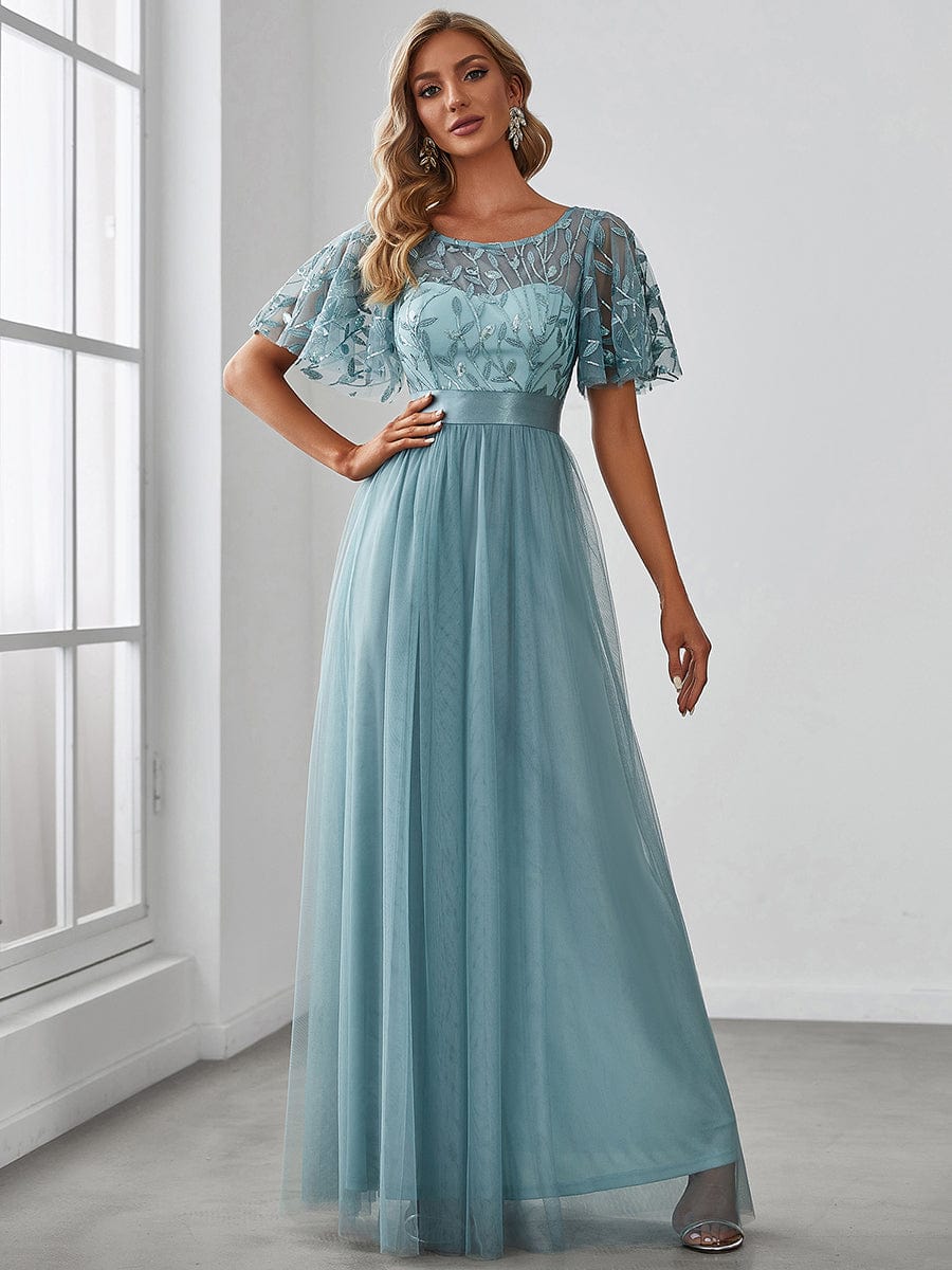 Glittering Sequin Evening Gown with Cap Sleeves and Waist Detail