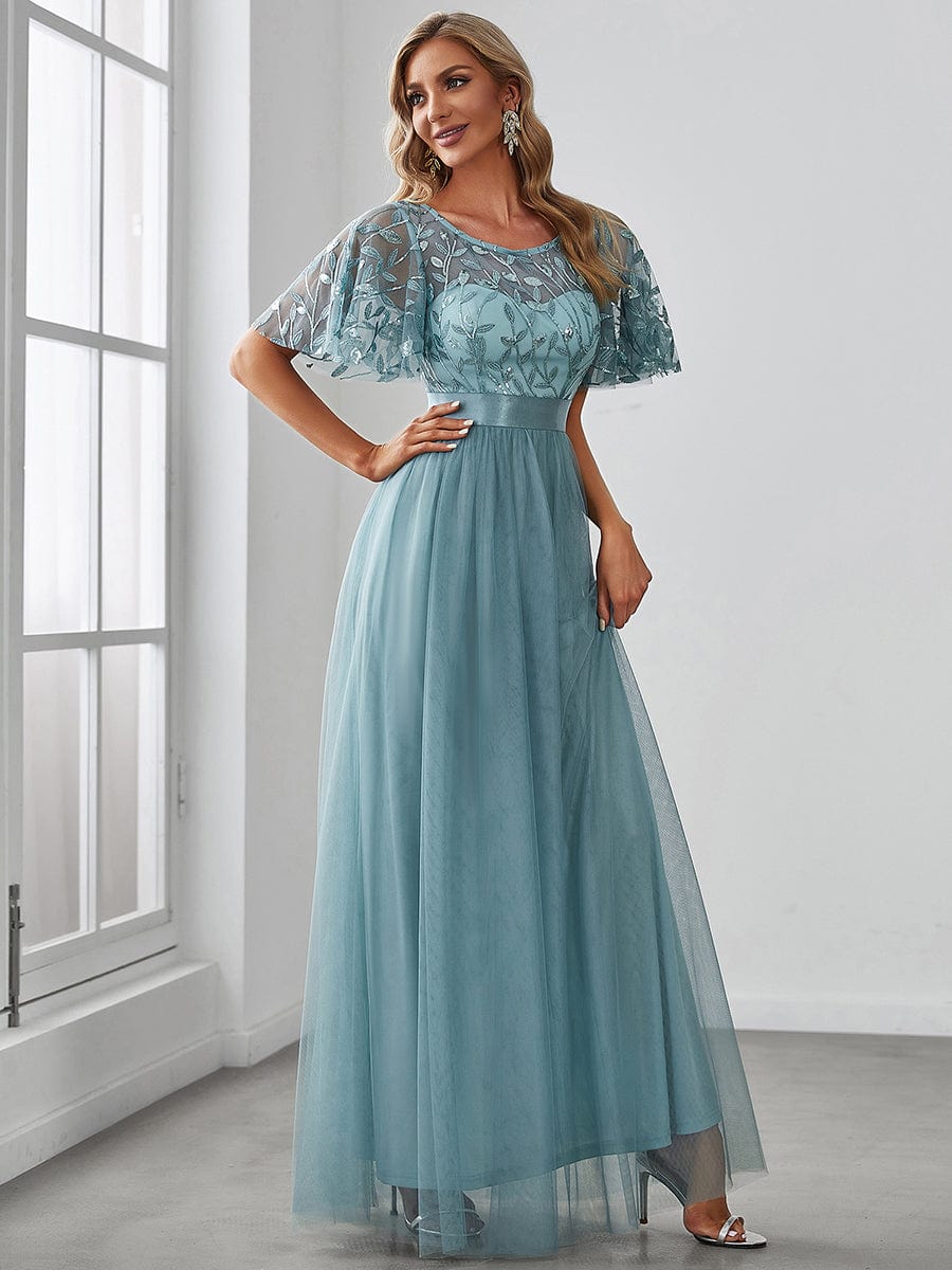 Glittering Sequin Evening Gown with Cap Sleeves and Waist Detail