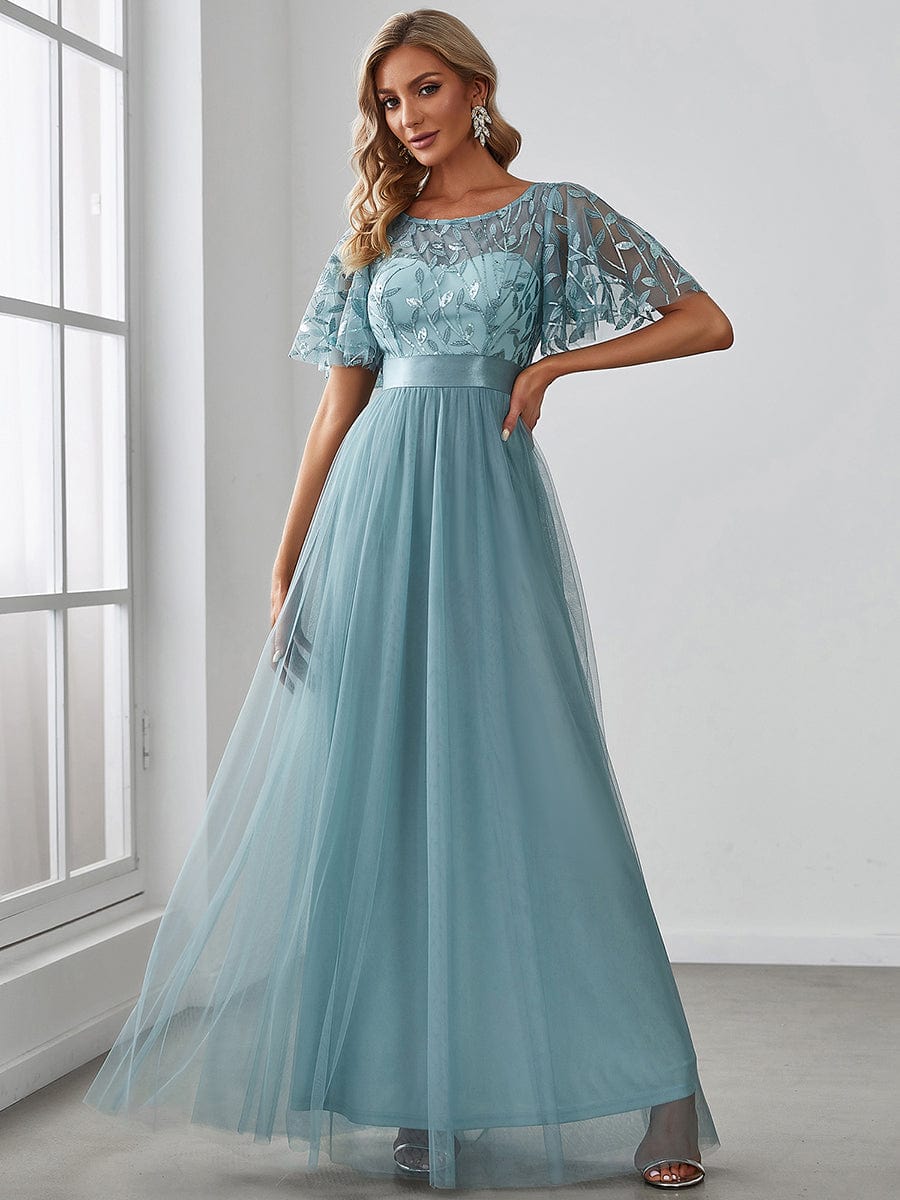 Glittering Sequin Evening Gown with Cap Sleeves and Waist Detail